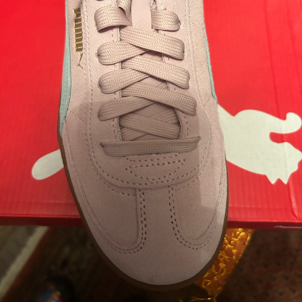 Puma Women's Light Pink Suede Lace-Up Sneakers with Gold Logo